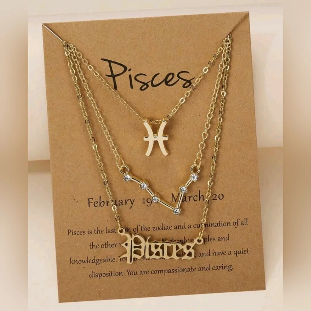 Zodiac 3 Piece Gold Tone Charm Necklace, Pisces - Picture 4 of 4